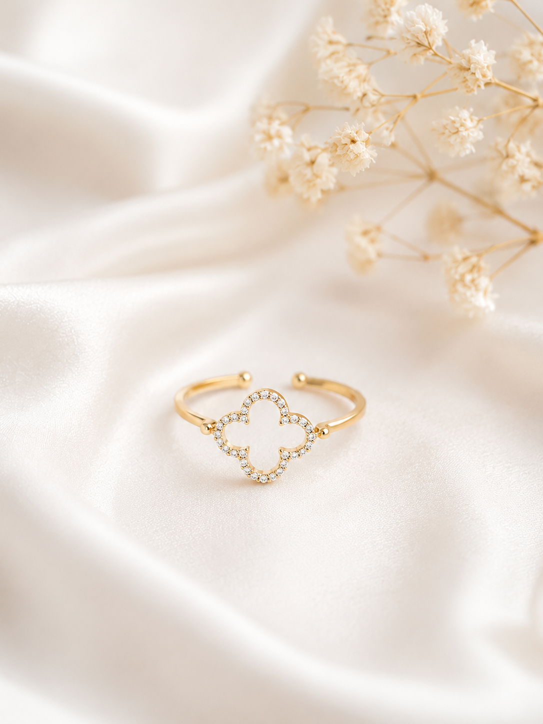 18k Gold dipped CZ Pave Quatrefoil Adjustable Ring